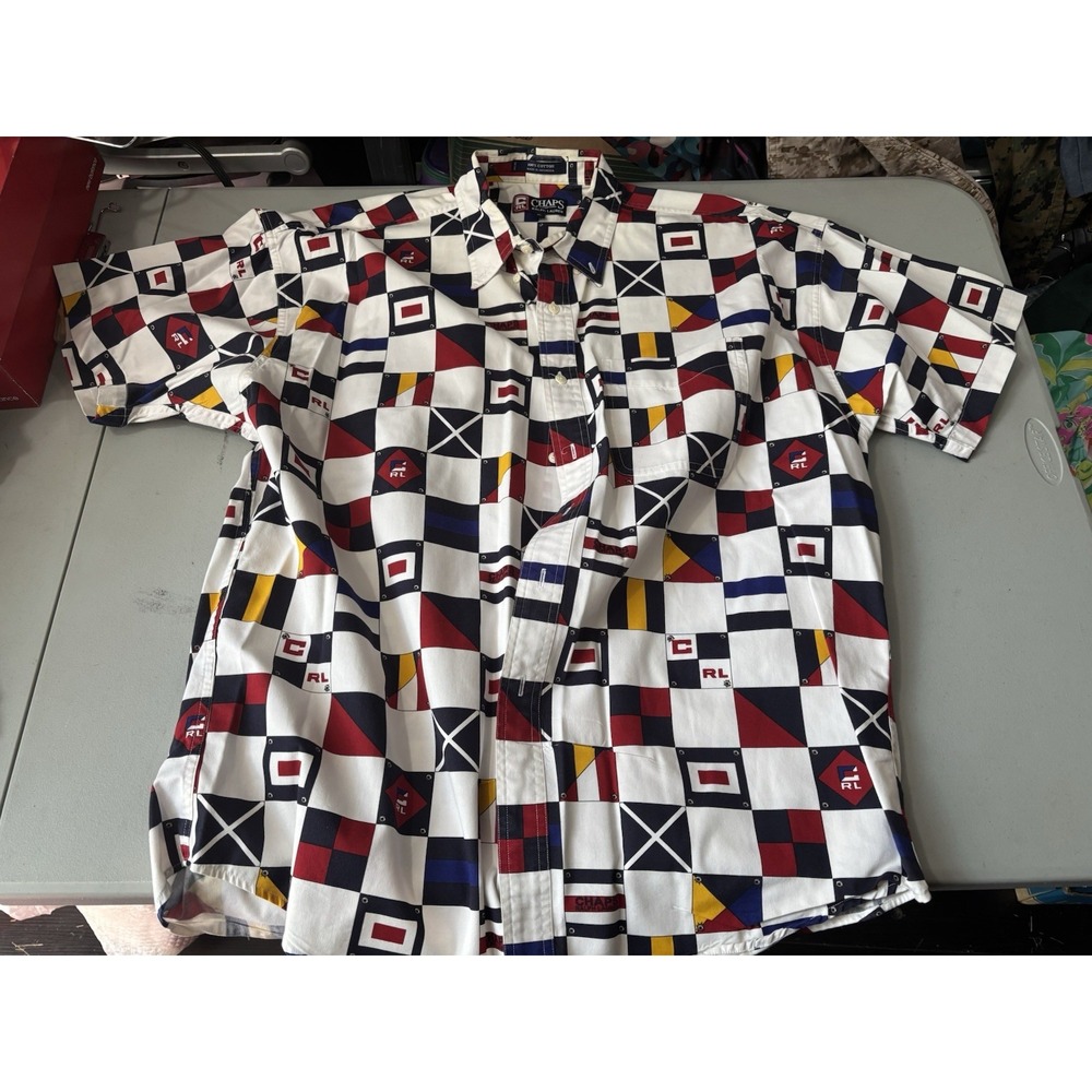 Vintage CHAPS Ralph Lauren Checked Flag Button Down Short Sleeve Shirt Men's XL